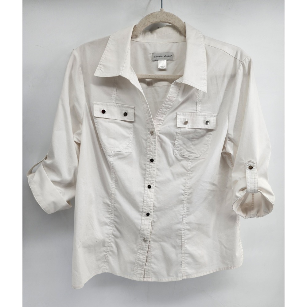 Christopher & Banks White Roll Tab Sleeve Button‎ Up Utility Shirt Top Large